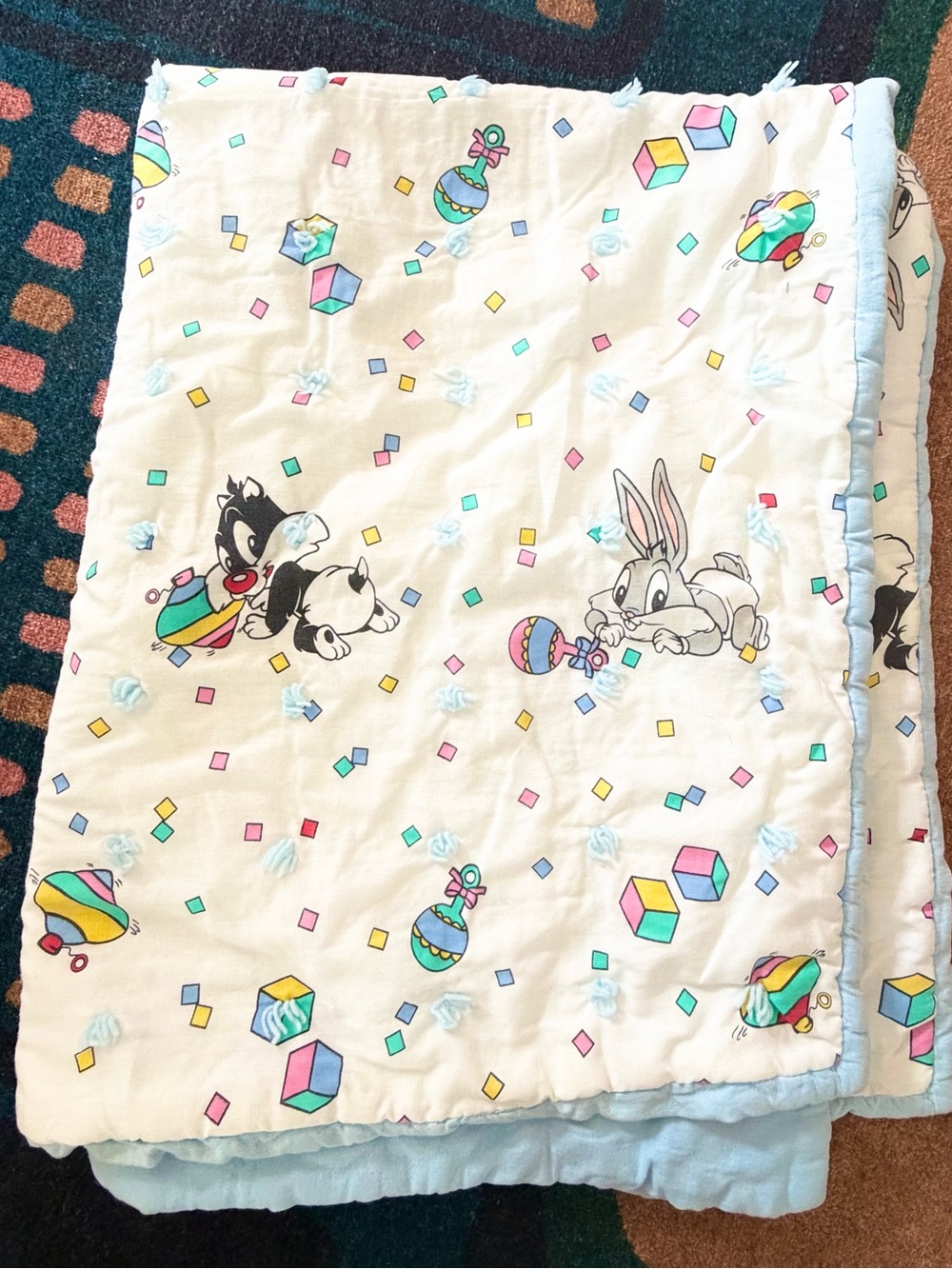 Vintage looney tunes baby blanket with tufts. Bugs bunny, tweety bird